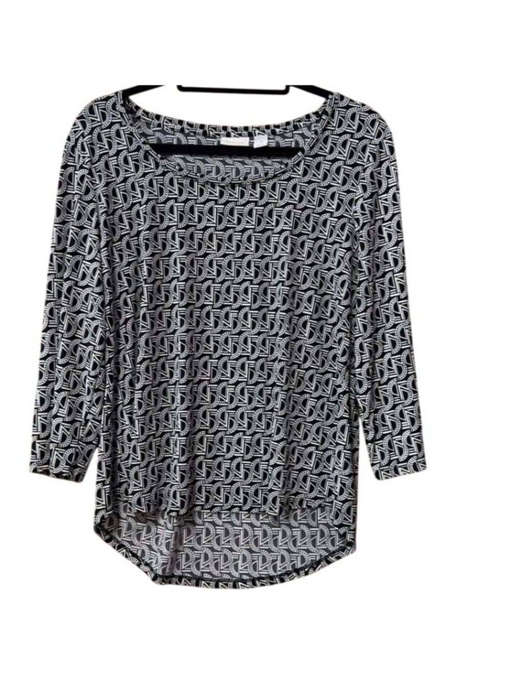 Chico's Geometric Tunic Top Black White 3/4 Sleeve Stretch Size 2 Large